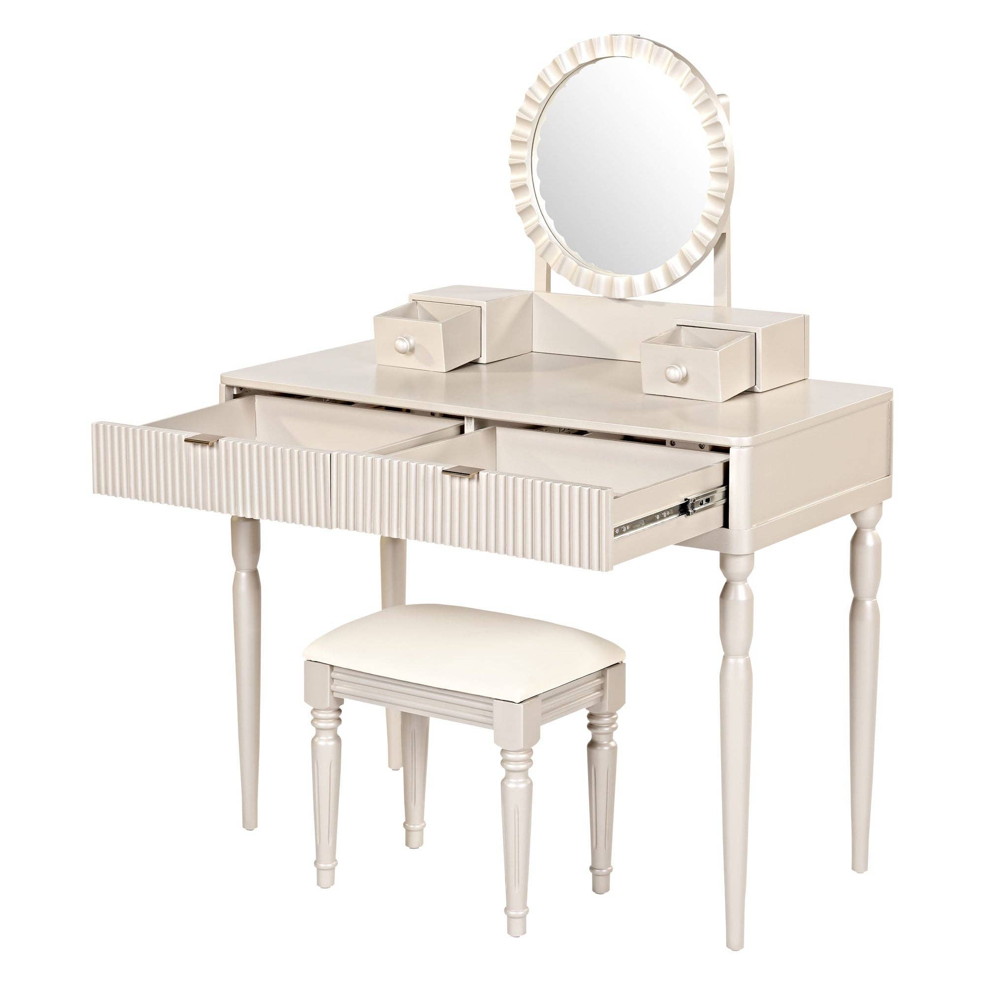 39F Inc. - Wholesale Vanity Mirror - Champagne Vanity Desk with Mirror & Stool, 4 Drawers7