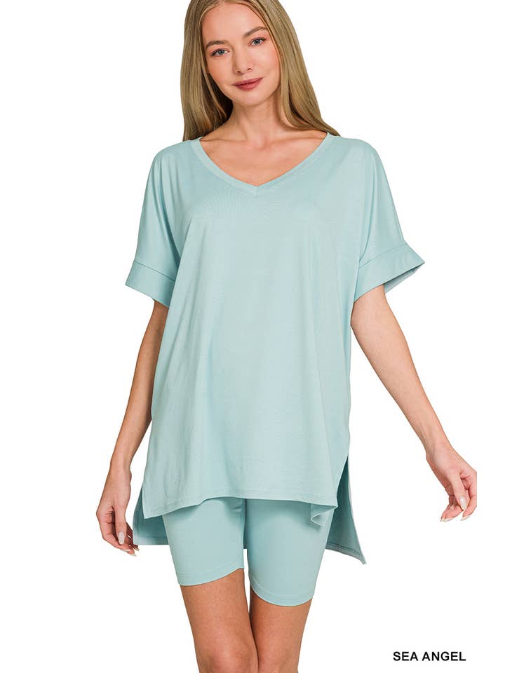 Vanilla Monkey – Conjunto de top e calções (roupa NÃO Casual) – Mulher por atacado – Top de decote em V e calções de ciclista em microfibra Dty escovada31