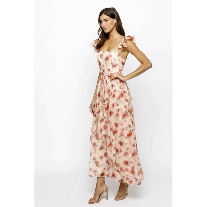 BLUSH RED FL JD6357-1- PINK FLORAL ASSYMETRIC MAXI DRESS for wholesale on Faire