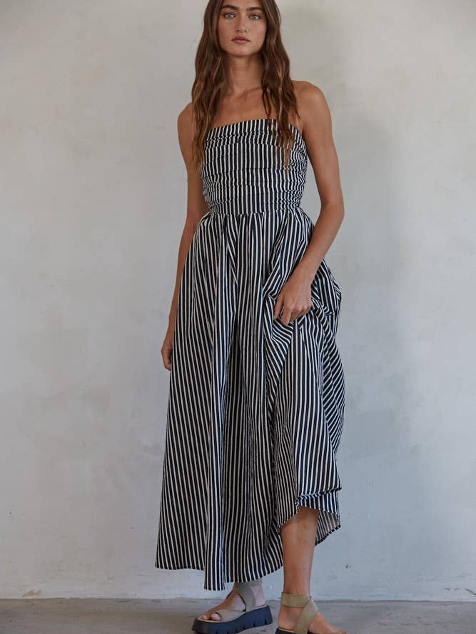 By Together – Engroshandel Kjole - Dame – L6998 | Strimmeløs Flare Maxikjole med Stribet Rørhals8
