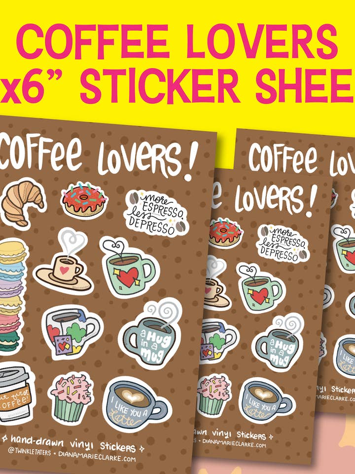 Coffee Lovers 4x6" Sticker Sheet for wholesale by Designs by Diana - twinkletaters