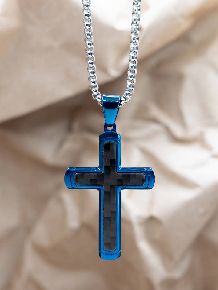 Collier Croix Bleu/Noir pour la vente par Eden Merry Jewelry by James Lawrence