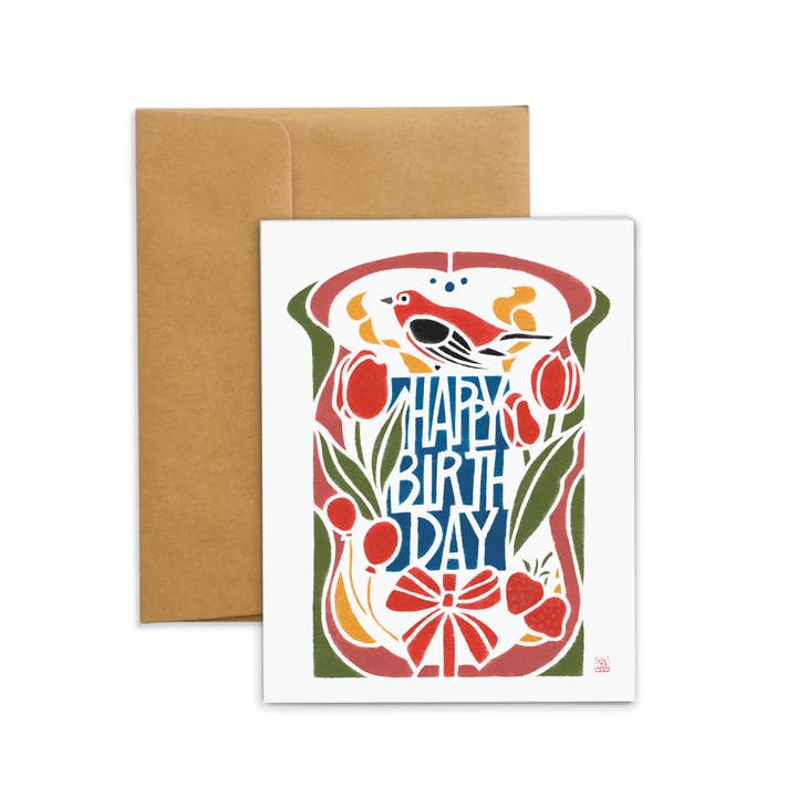 Mayuko Fujino Bird & Nature Art - Wholesale Everyday Greeting Card - A2 Card Spring Birthday Card - Scarlet Tanager1