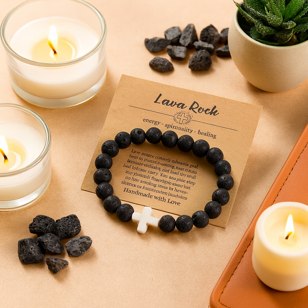 Gemscape UK - Wholesale Beaded Bracelet - Lava Rock & Black Onyx Beaded Bracelet with Cross – Healing 1