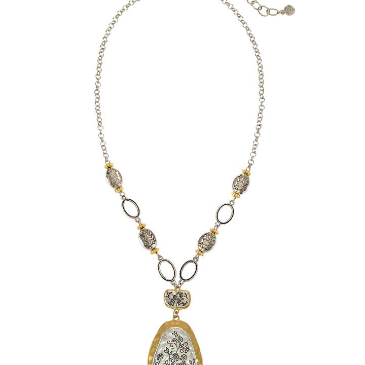 caroldauplaisejewelry - Wholesale Pendant/Charm Necklace - Ruby Rd. - Floral Etched Two-Tone Pendant Necklace