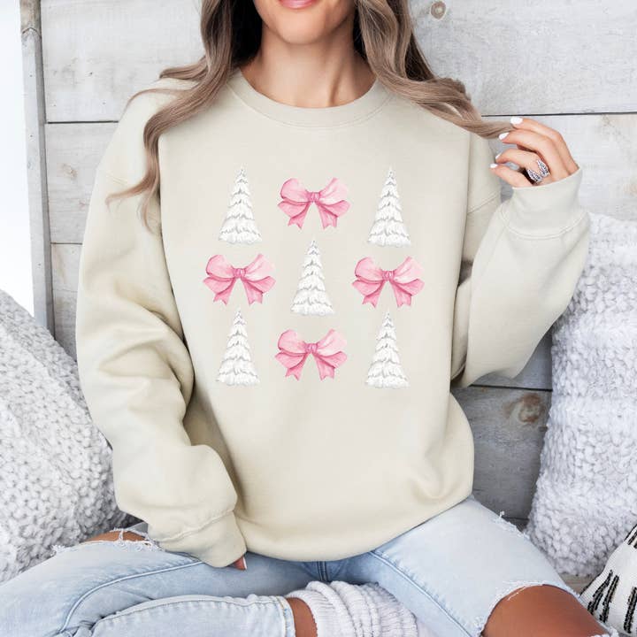 White Christmas tree women's sweatshirt, Holiday coquette for wholesale by ATTA TOOD LLC