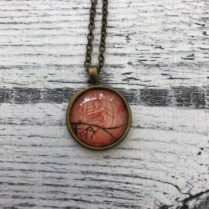 Postage Stamp Jewelry - Wholesale Pendant/Charm Necklace - 1950 Nataraja (Shiva) - India Stamp - Postage Stamp Jewelry - Vintage Postage Stamp Necklace - Antique Bronze1