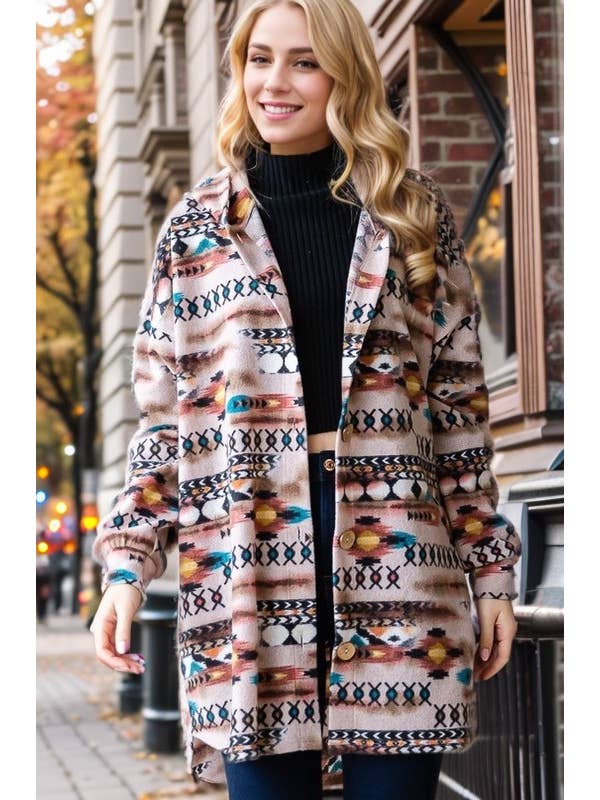 TAUPE MULTI EJ6401-23 AZTEC PRINT BUTTON DOWN CARDIGAN for wholesale on Faire