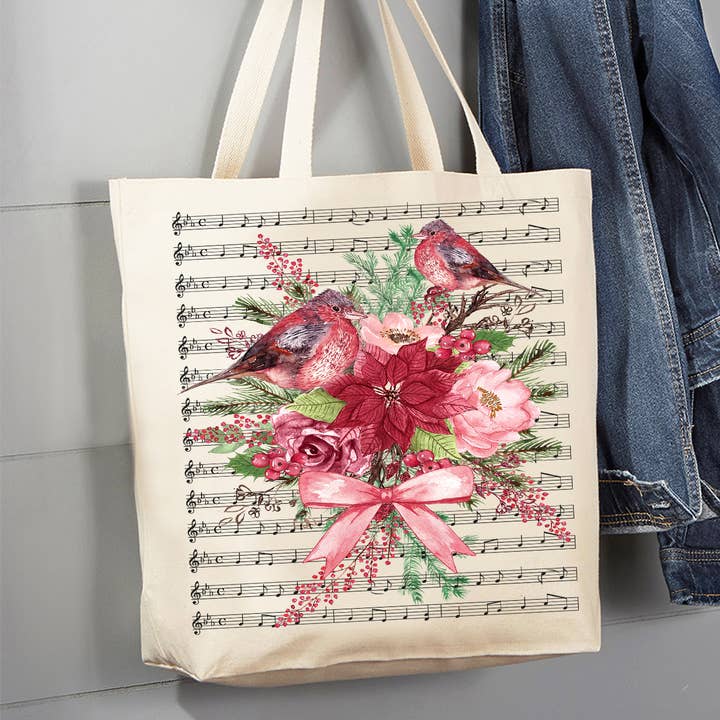 Christmas Red Cardinals Musical Notes Canvas Tote Bag for wholesale by Avery Lane Gifts