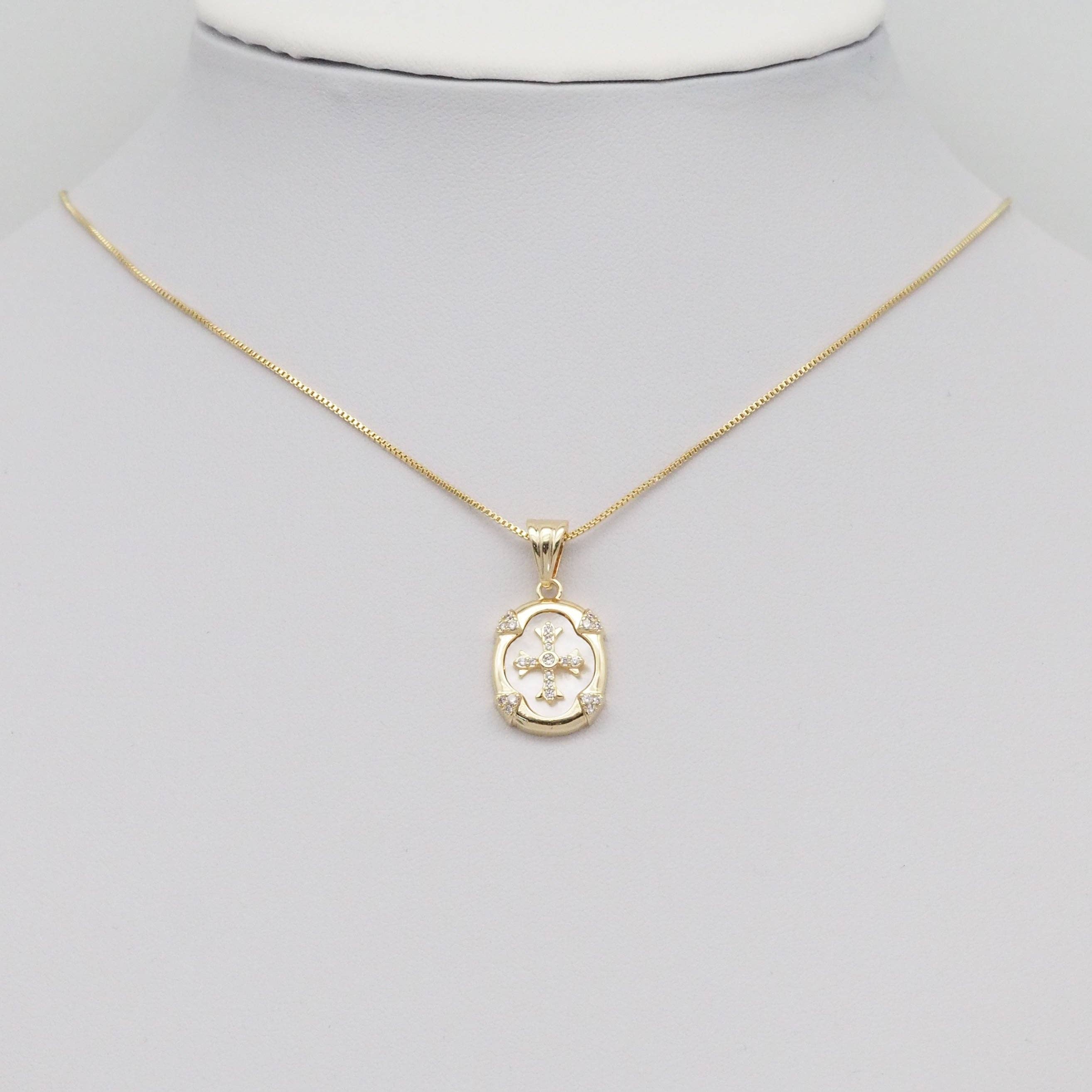 Wholesale Gold CZ Cross Mother of Pearl Oval Charm, Sku