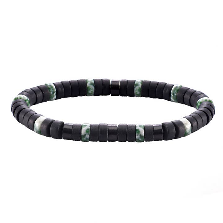 Mat sort perlearmbånd med grønne pletter for engroshandel hos SIXTY STONES