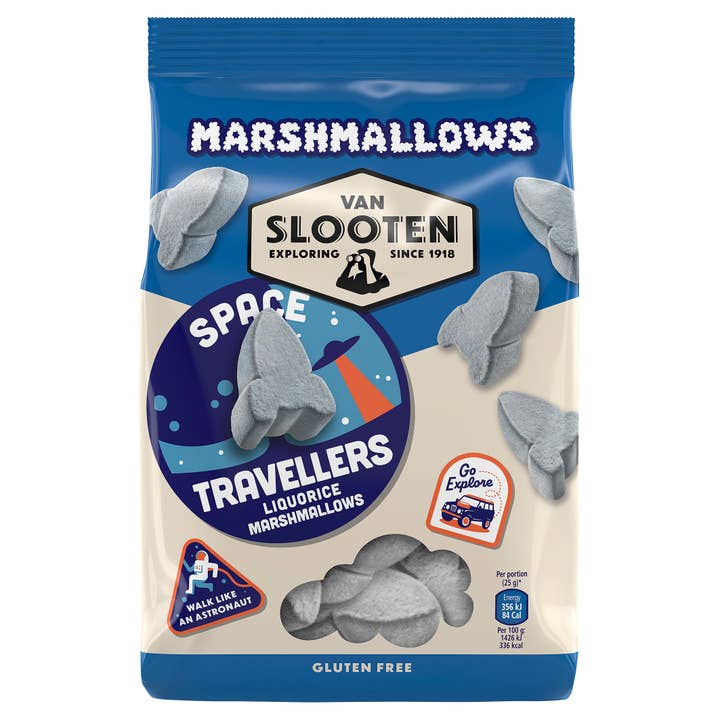 CASE OF 10 SPACE TRAVELLERS LIQUORICE MARSHMALLOWS 250g for wholesale by Van Slooten