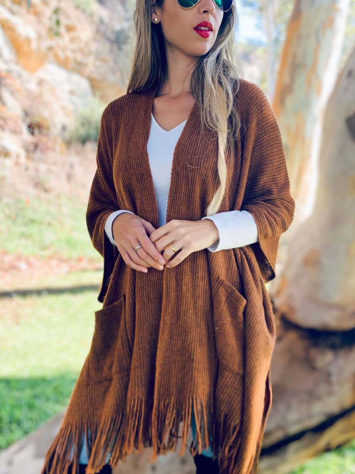 Camel Soft Knitted Pocket Kimono Cardigan With Fringe for wholesale on Faire
