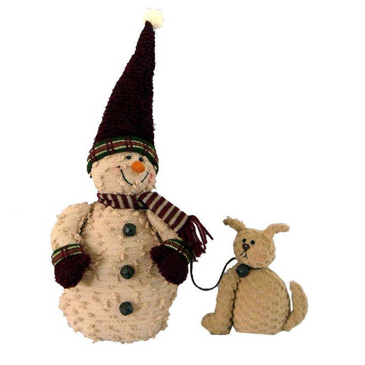 Puffy Chenille Fabric Half-Body Snowman with Fabric Scarf, Mittens and Pointy Hat, Taking his Puppy for a Walk, Standing - 12" Tall for wholesale by Birch Maison