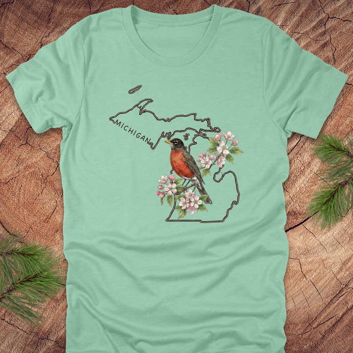 Wandering Owl Adventure Co. - Wholesale Screen Printed T-Shirt - Women's - Michigan Robin and Apple Blossom Tee5