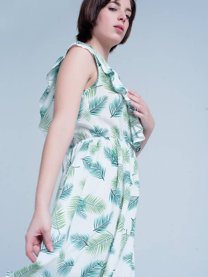 Grøn Trykt Midi Kjole Med Ruches for engroshandel hos Q2—All Orders:Free Duties for the US,UK,and Canada