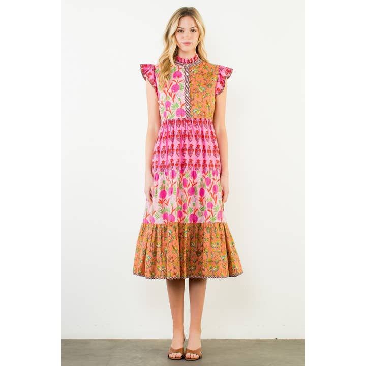 Flutter Sleeve Patchwork Design Tiered Dress for wholesale by THML