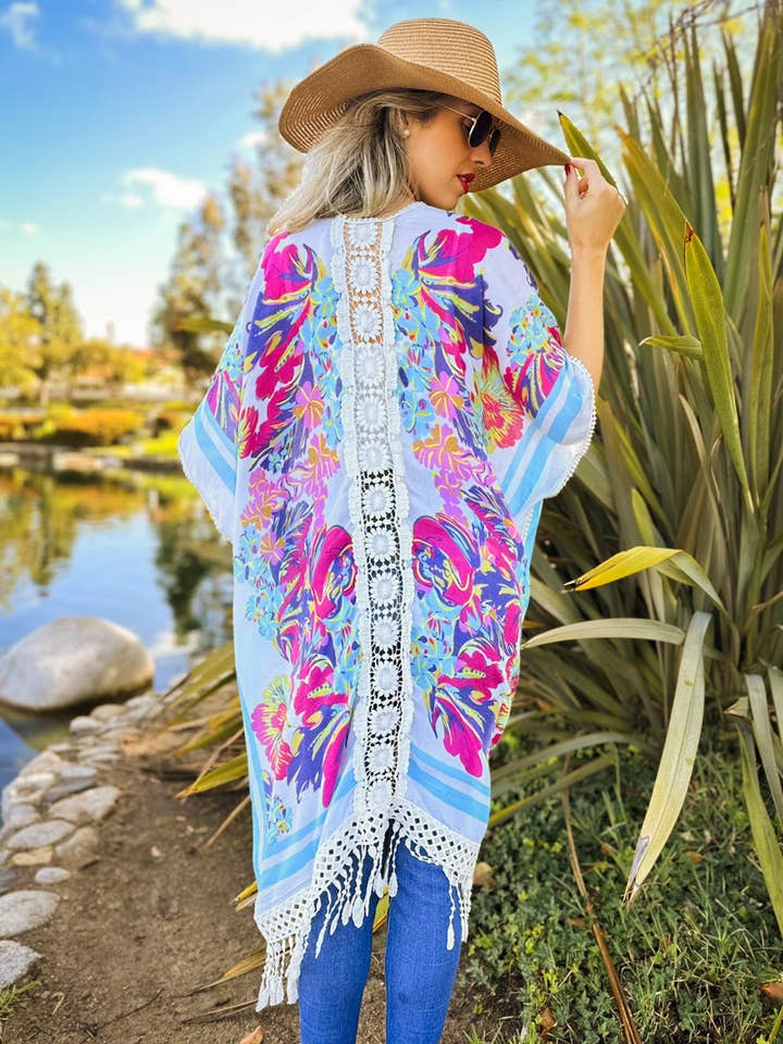 White Multi Floral Print Lace Detail Tassel Bottom Kimono for wholesale on Faire