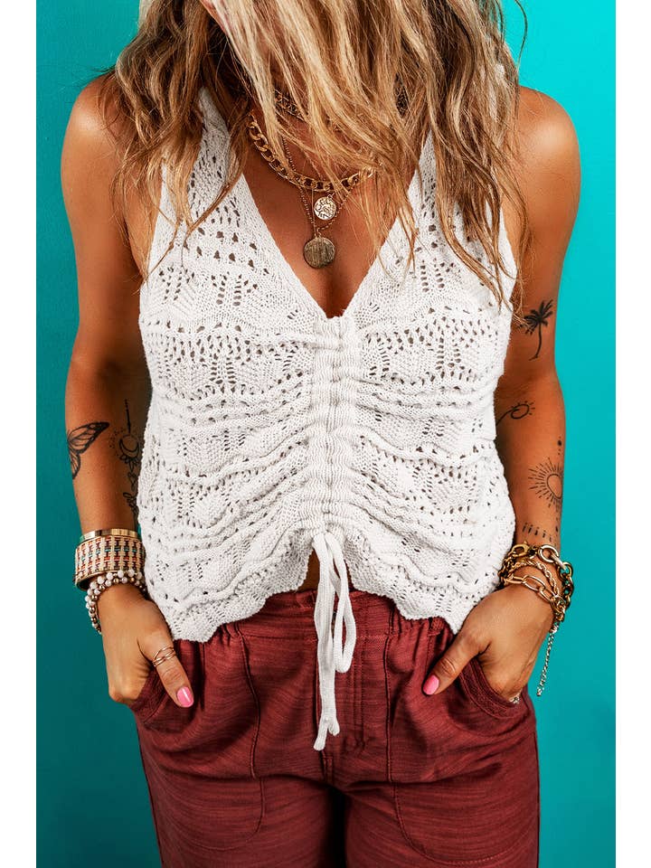 Beige Trendy Hollowed Knit V Neck Drawstring Sweater Vest for wholesale on Faire
