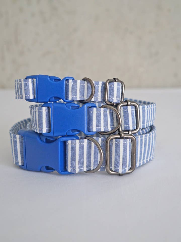 Collier pour chien à rayures bleues pour la vente par kiwi & WILLOW