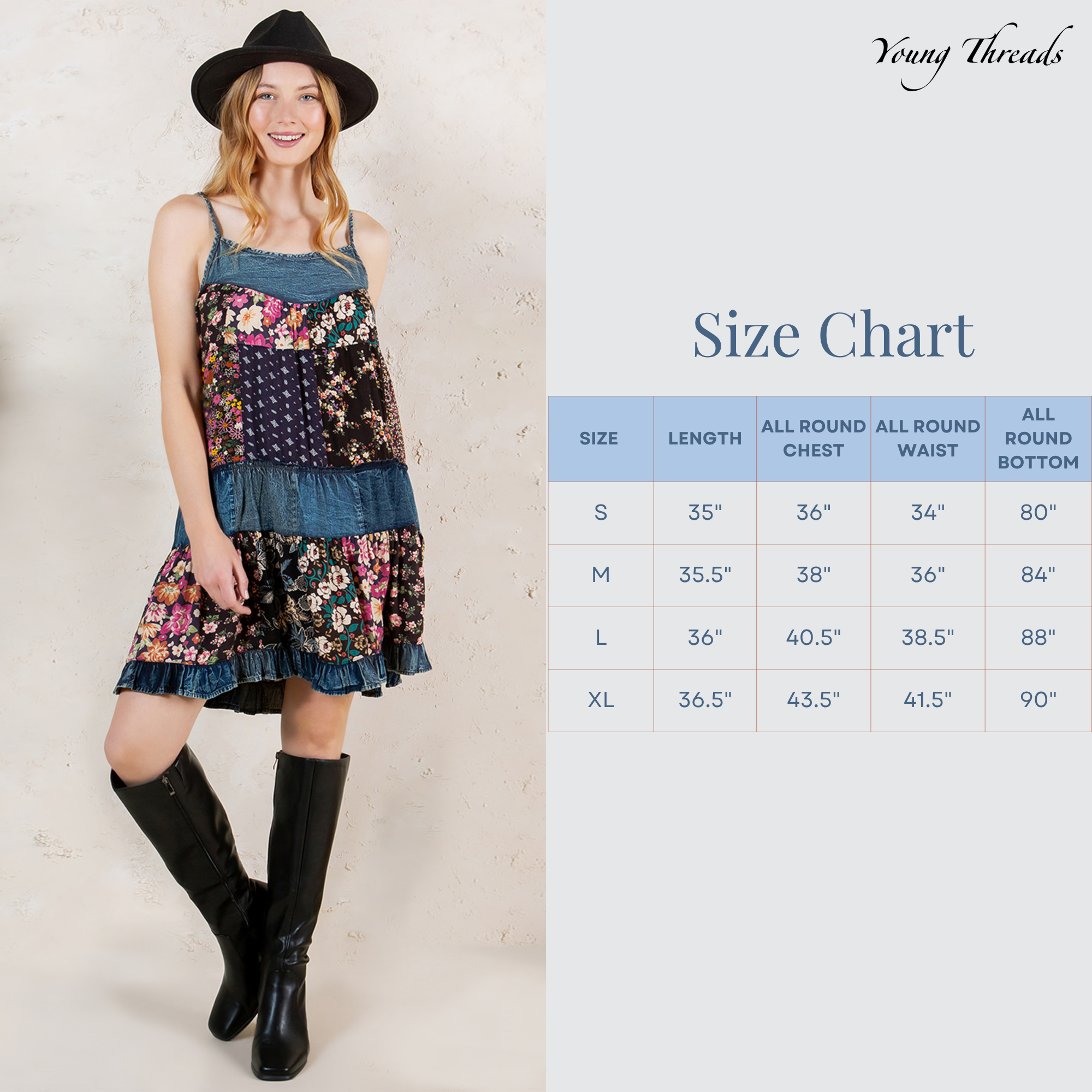 Floral Robe Babydoll Coquette à Bretelles avec Empiècement en Denim en vente sur Faire5