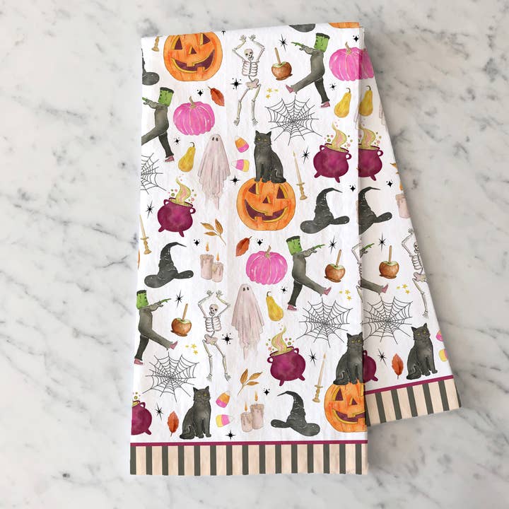 Tricks & Treats Halloween Tea Towel - Stripe Border for wholesale by KelseyMDesigns