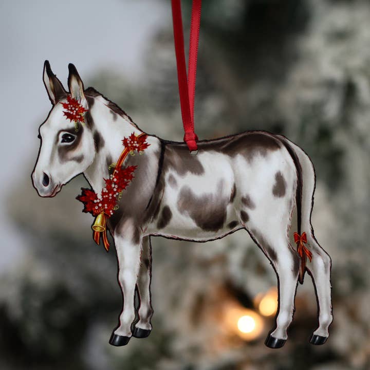 Classy Equine - Wholesale Ornament - Spotted Gray and White Miniature Donkey Christmas Ornament
