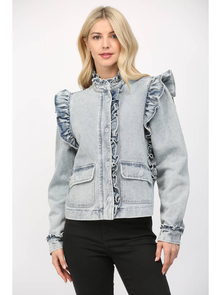 RUFFLE DETAIL WASHED DENIM JACKET FJ75137 for wholesale on Faire