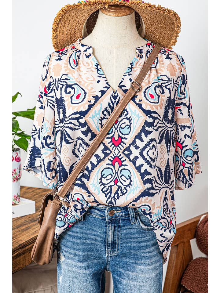 AS SHOWN Fashion-W Boho Abstract Notch Split Half Sleeve Blouse for wholesale on Faire