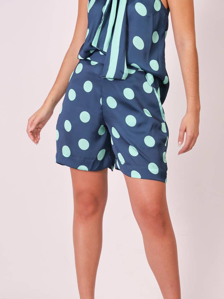 Bermuda in seta - Pois blu e verdi per la vendita all'ingrosso da parte di Martha Sevcik