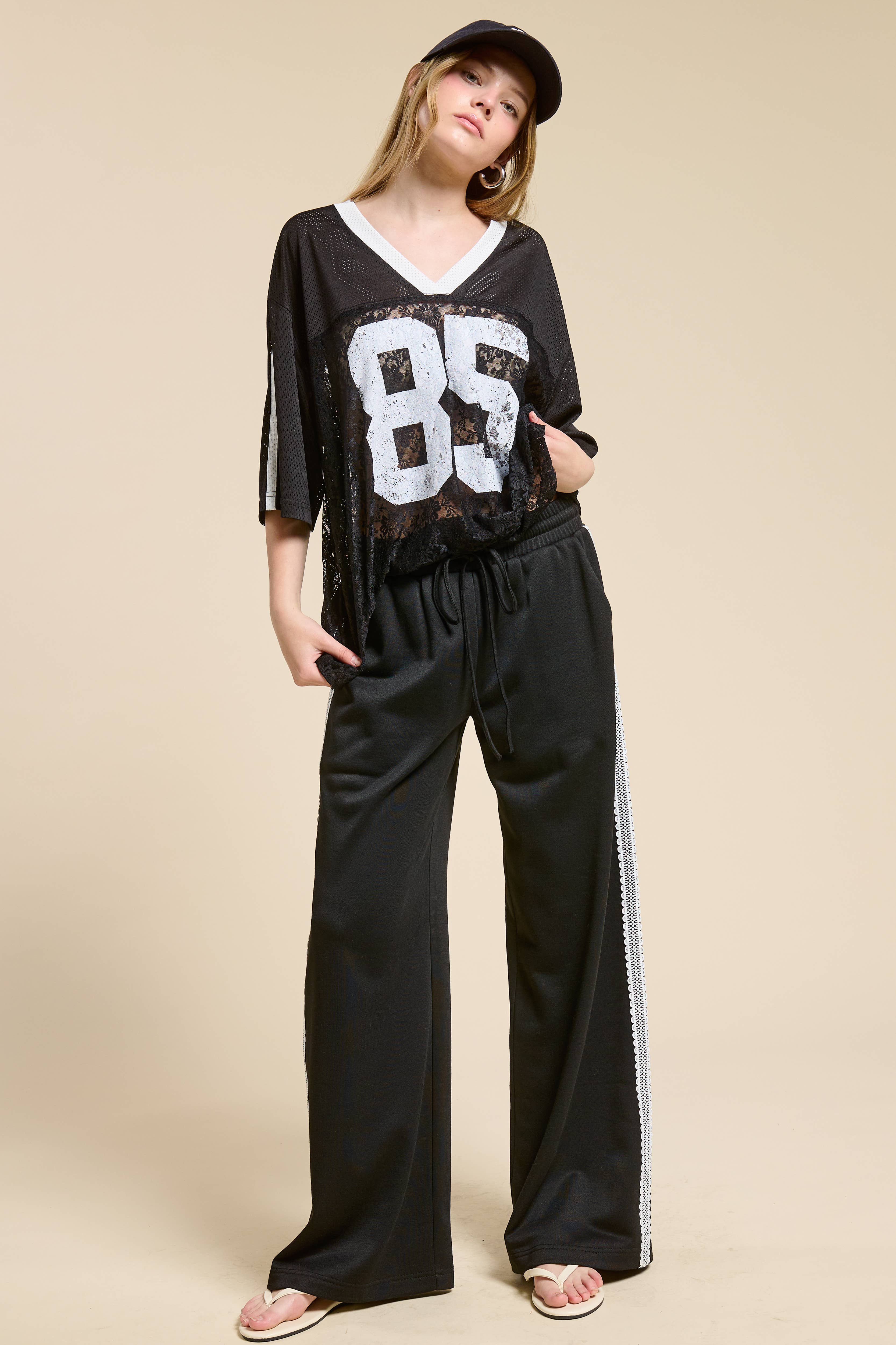 Black Lace Trim Wide Leg Track Pants with Drawstring Waist for wholesale on Faire6