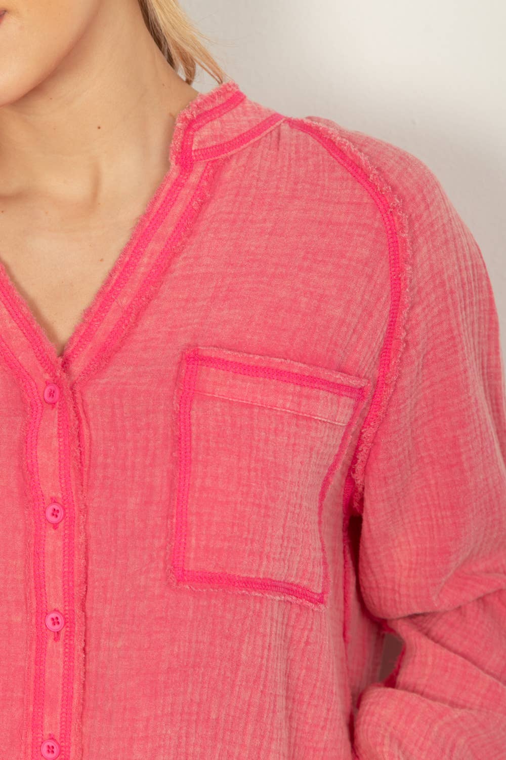 VERY J - Wholesale Button Down Shirt - Women's - NT11350-Oversized Washed Woven Crinkled Gauze Shirt Top8