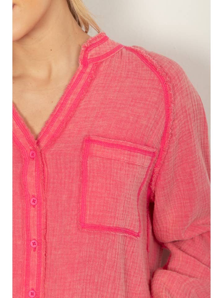 VERY J - Wholesale Button Down Shirt - Women's - NT11350-Oversized Washed Woven Crinkled Gauze Shirt Top8
