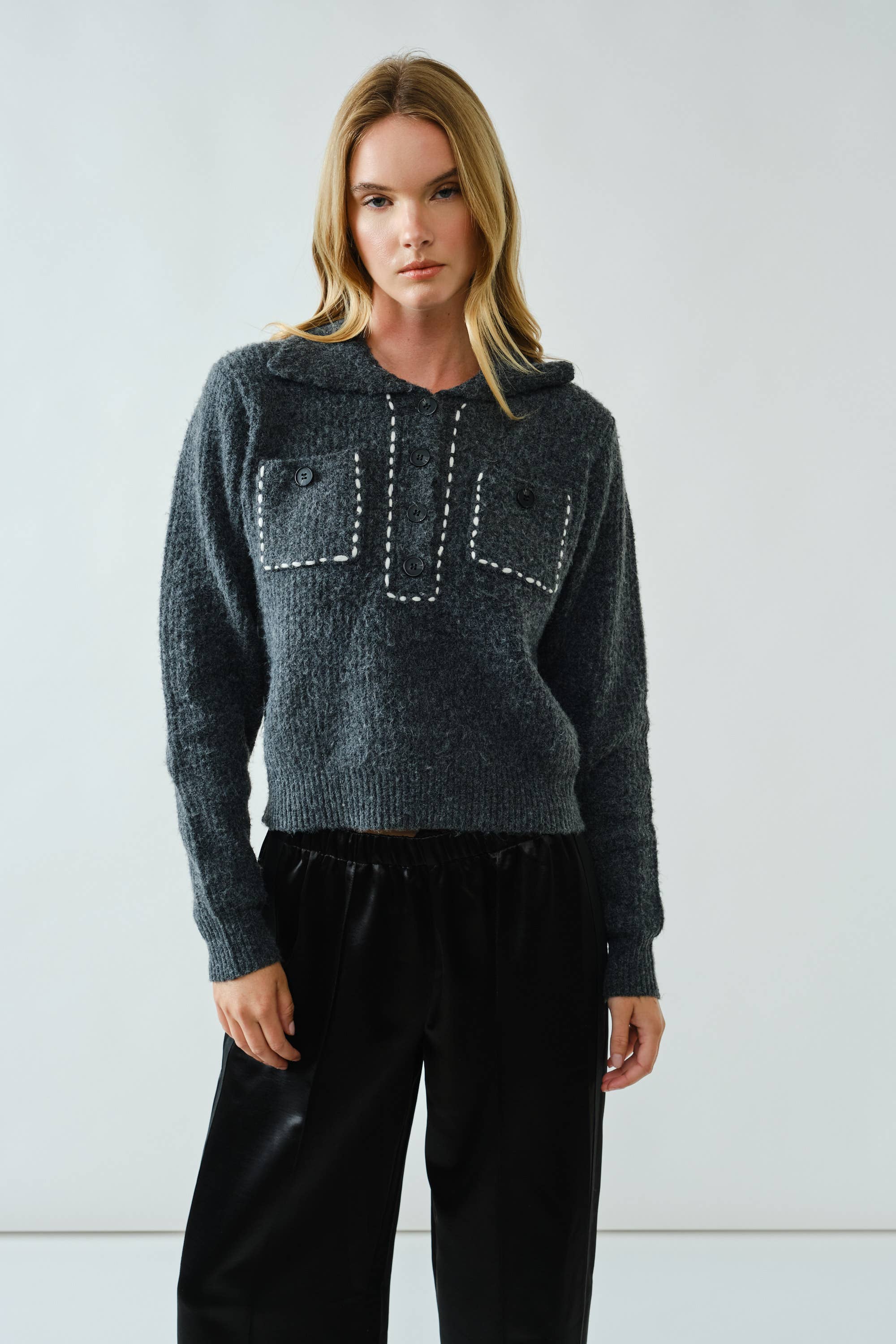 Aaron & Amber - Wholesale Knit Sweater - Women's - AJT5389 STITCH DETAIL COLLAR PULLOVER SWEATER1