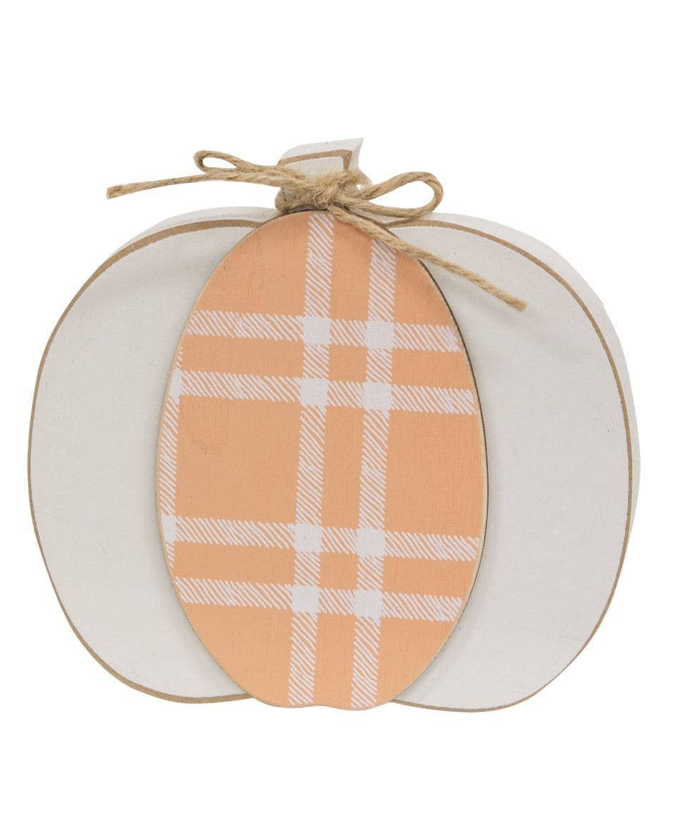 Col House Designs - Wholesale Decorative Tabletop Object - Cream & Orange Plaid Wooden Pumpkin Sitter, 2 Assorted2