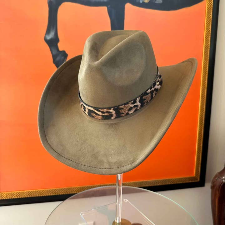 Bella Betty - Wholesale Cowboy Hat - Women's - Fashion Vegan Suede Cowboy hat W/ Leopard Belt 18