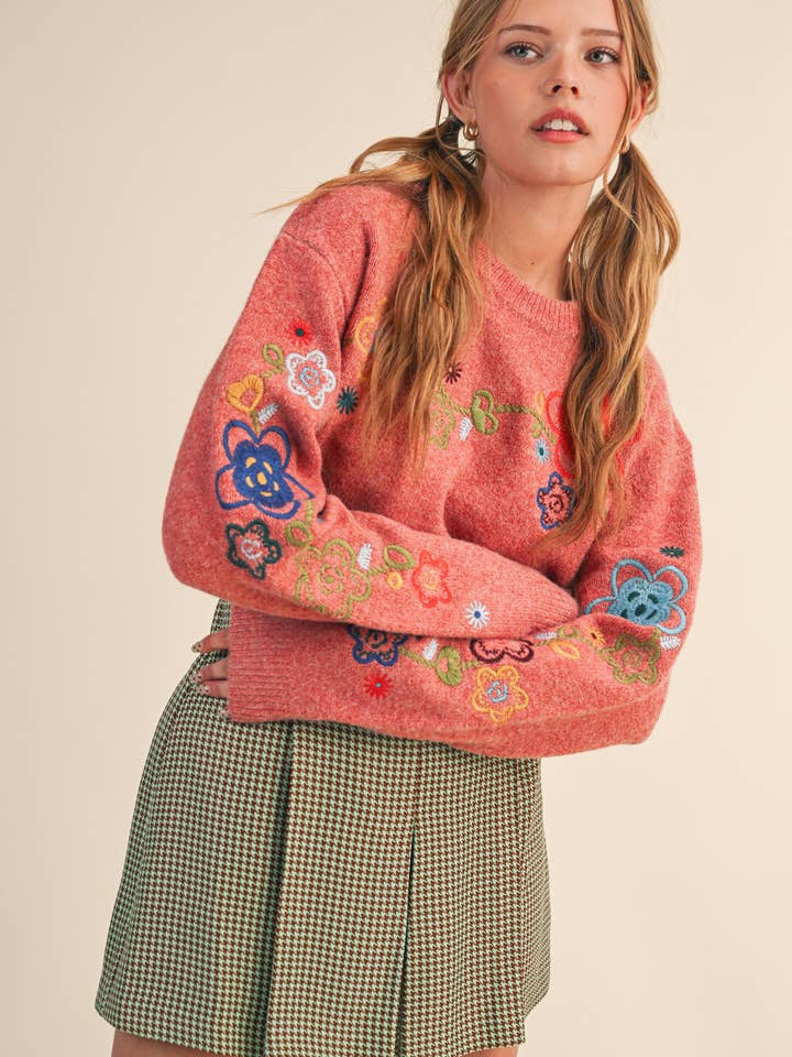 &MERCI - Wholesale Knit Sweater - Women's - FLORAL EMBROIDERY PULLOVER SWEATER MSW109631