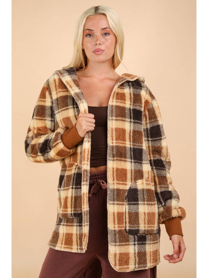 VERY J - Wholesale Jacket - Women's - NJ90302X-PLUS SIZE Faux Fur Tunic Hooded Printed Jacket
