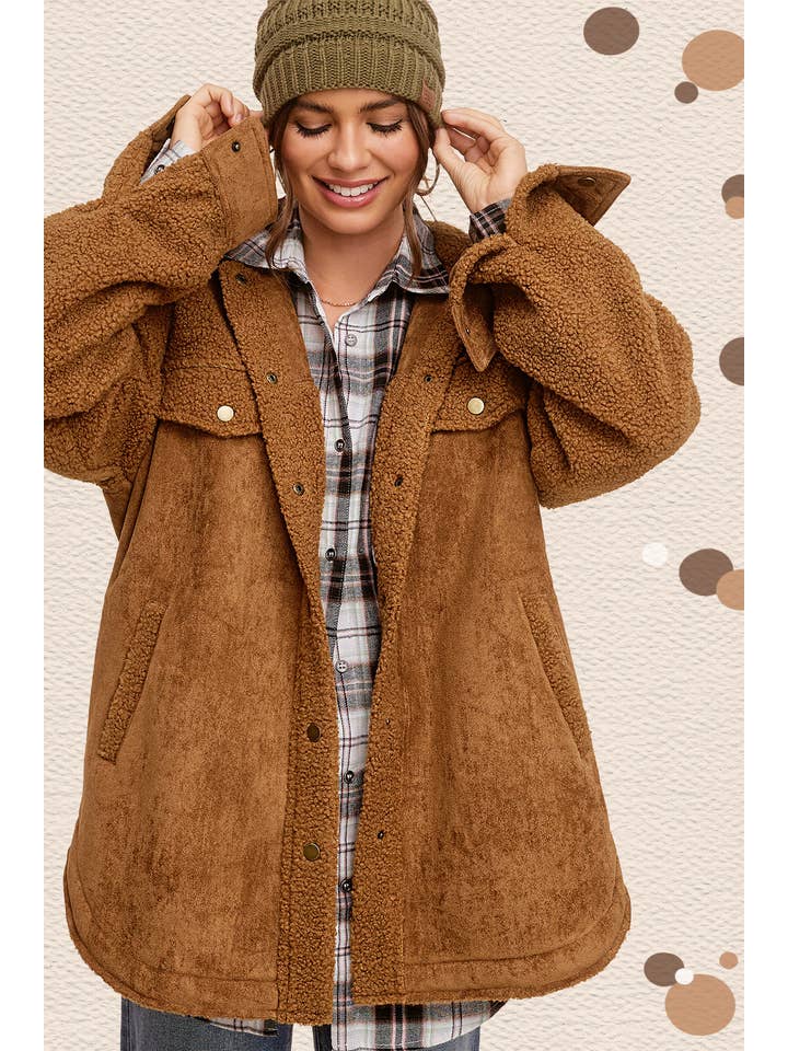 La Miel – wholesale Jacket – Women's – JKT1790-Faux Suede Oversized Button Down Jacket with Pockets6