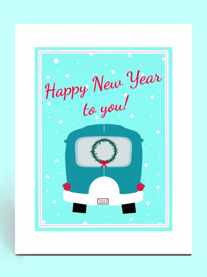 Vintage-Camper-Karte „Frohes Neues Jahr“ für den Großhandel von Cards o' Glee LLC