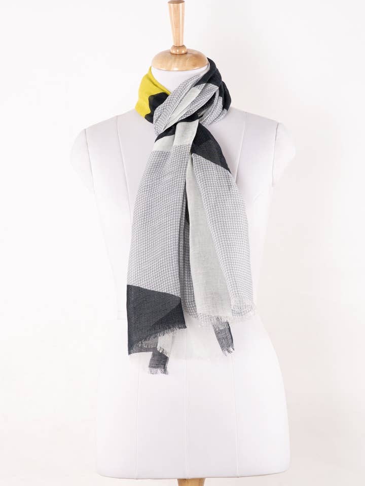 Abstract Geometry Print Linen Cotton Scarf - Grey Black Lime for wholesale by SVEZElife