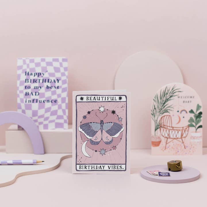 Sister Paper Co. - Wholesale Birthday Card - Moth Birthday Vibes Card | Birthday Card | Tarot Cards