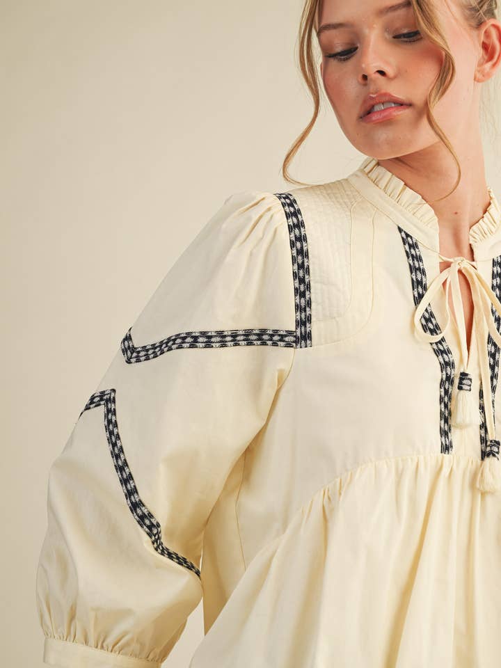 &MERCI - Wholesale Blouse - Women's - EMBROIDERY TRIM BABYDOLL BLOUSE MTP414613