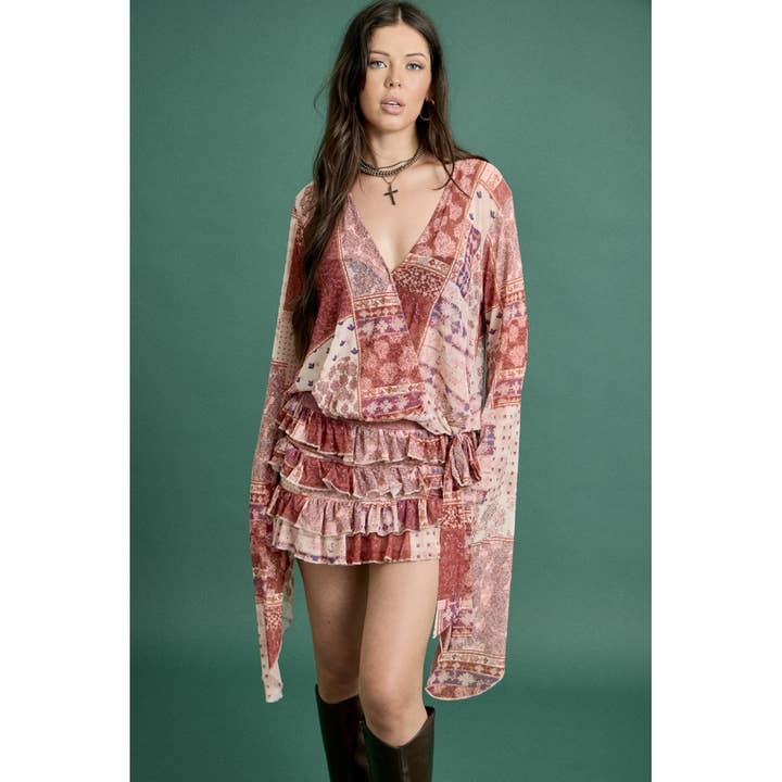 RED COMBO Spring Boho Patchwork Ruffle Mini Dress for wholesale on Faire1