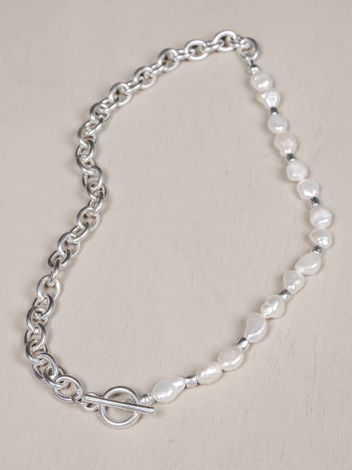 Brittany Necklace - Silver Plated/Baroque Pearl for wholesale by Olia Jewellery