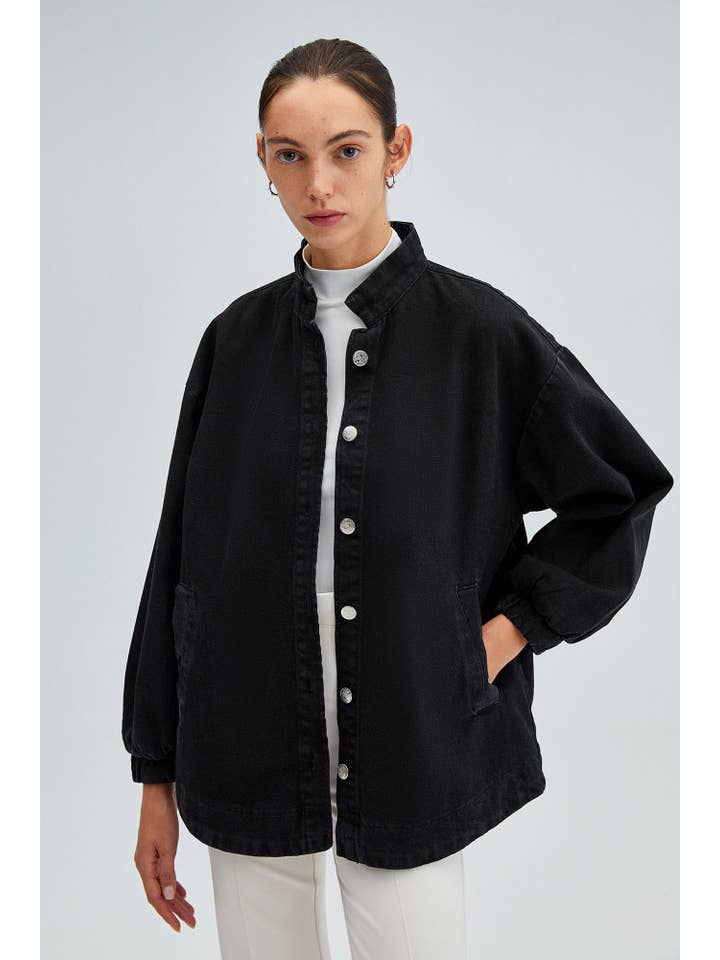 Black OVERSIZED DENIM BOMBER JACKET for wholesale on Faire2