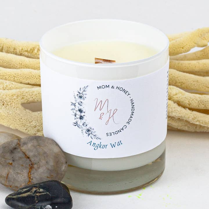 Angkor Wat, Virgin Coconut Wax, Handmade, cedarwood frankincense and myrrh scent, essential and fragrance oil, 10 oz for wholesale by Mom and Honey Handmade Co