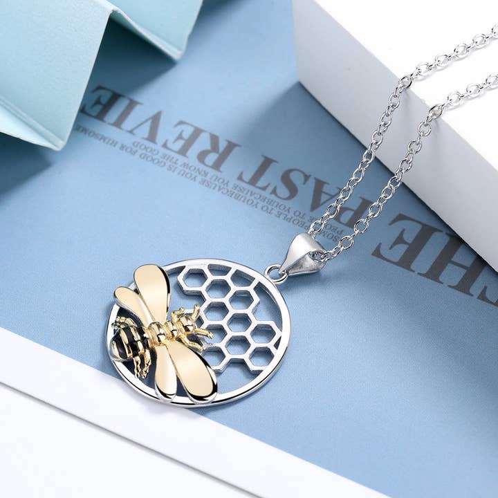 Amy and Annette - Wholesale Pendant/Charm Necklace - Sterling Silver and 18k Gold Honeycomb Bee Neckalce