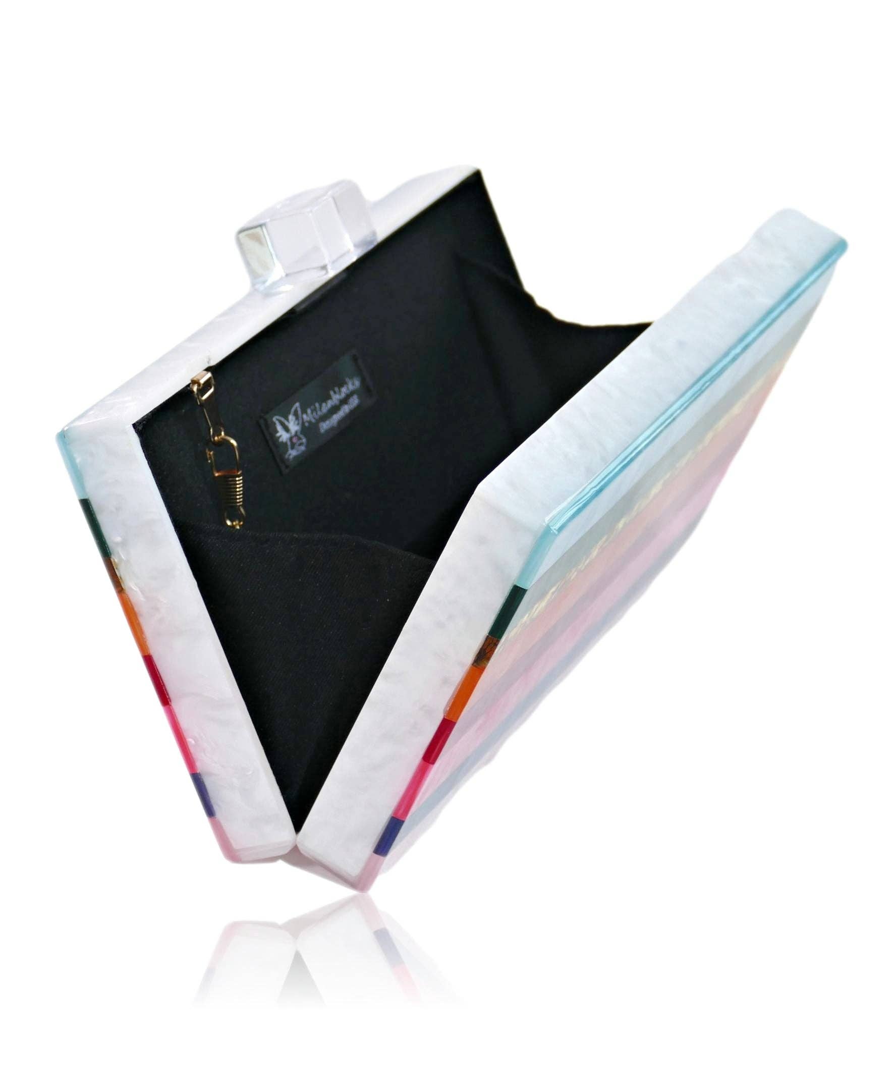 Milanblocks LLC – Großhandel Clutch – Damen – Träumende Regenbogenstreifen Damen Acryl Box Clutch3
