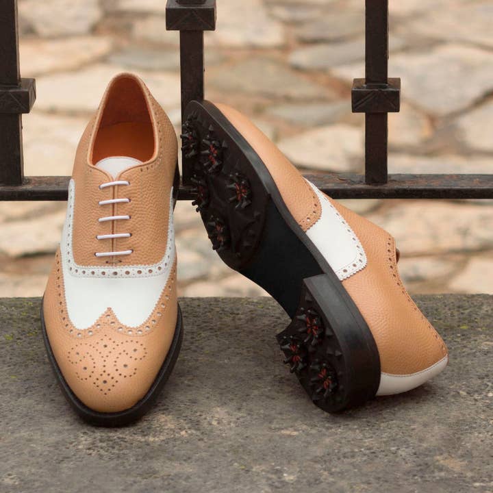 Aeron Golf Italian Leather Full Brogue in Fawn / White for wholesale by DapperFam